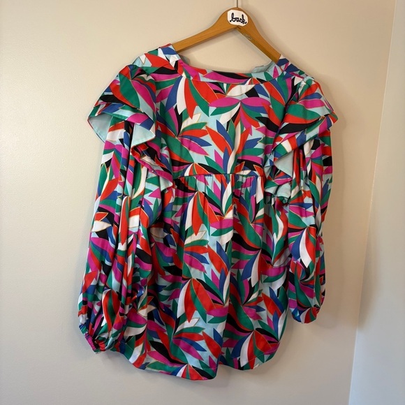 Emily McCarthy Colorful Ruffled Shoulders Bib Collar Flowy Blouse women’s L - Picture 3 of 13